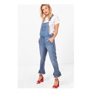 Ruffle hem denim overalls